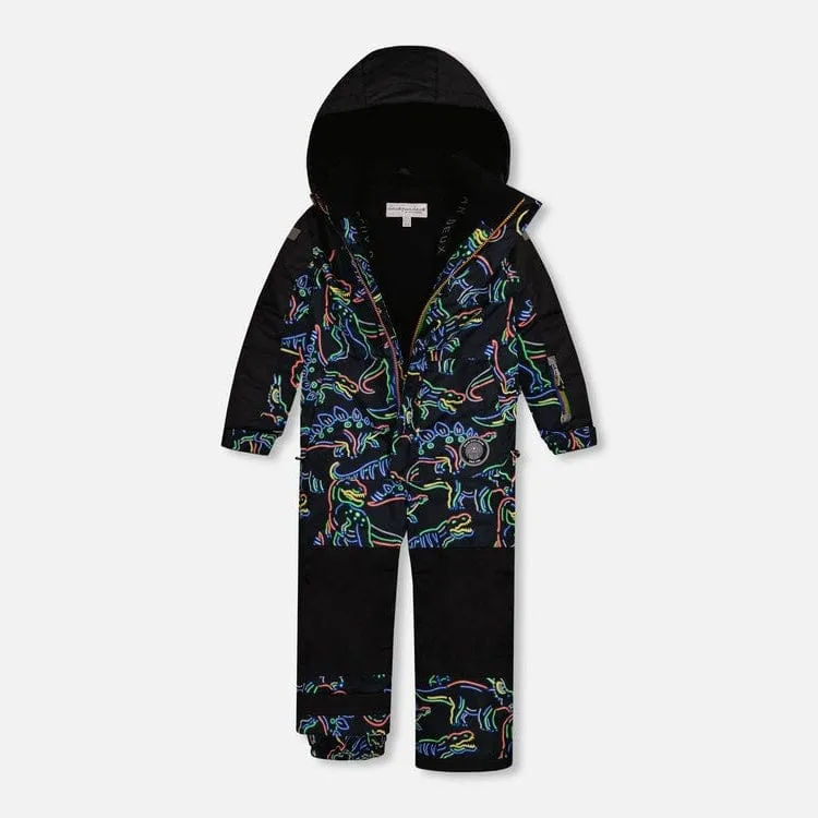 Deux Par Deux One-Piece Kids Snowsuit - Printed Neon Dinos