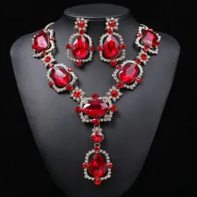 Exotic Indian Inspired Red Rhinestone Chunky Necklace & Earrings Set