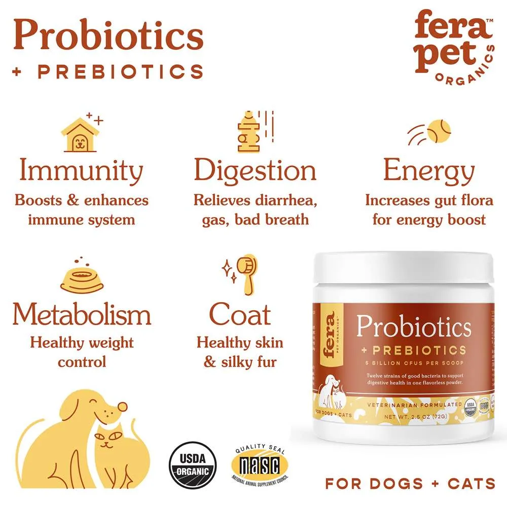 Fera Pets Organic Probiotics   Prebiotics Supplement Powder For Cats & Dogs 2.5oz