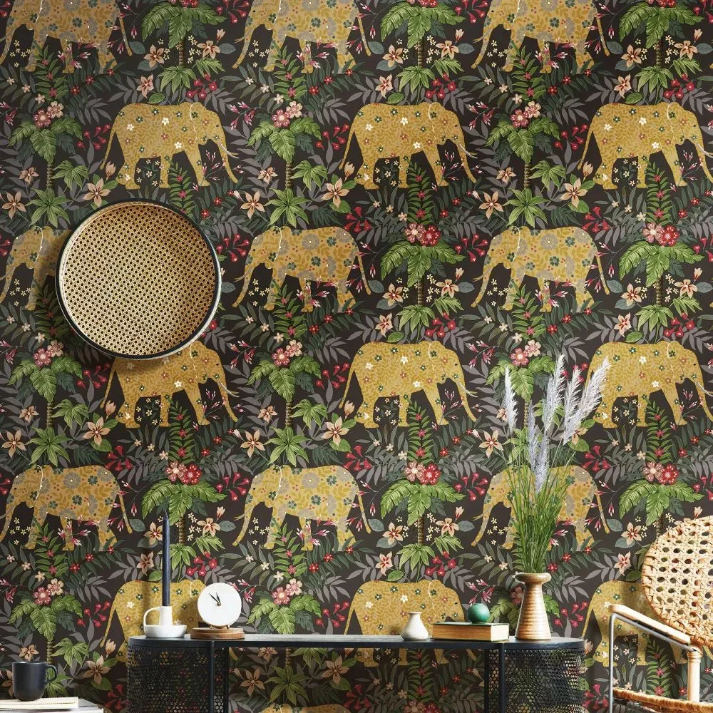 Galerie Floral Elephant Wallpaper Black 18549