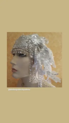 Gatsby Inspired Silver Beaded Sequin Crystal Lace Headpiece