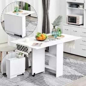 Kitchen Folding Desk Mobile Drop Leaf Dining Table With Wheels & Storage Shelves - White Wood Grain