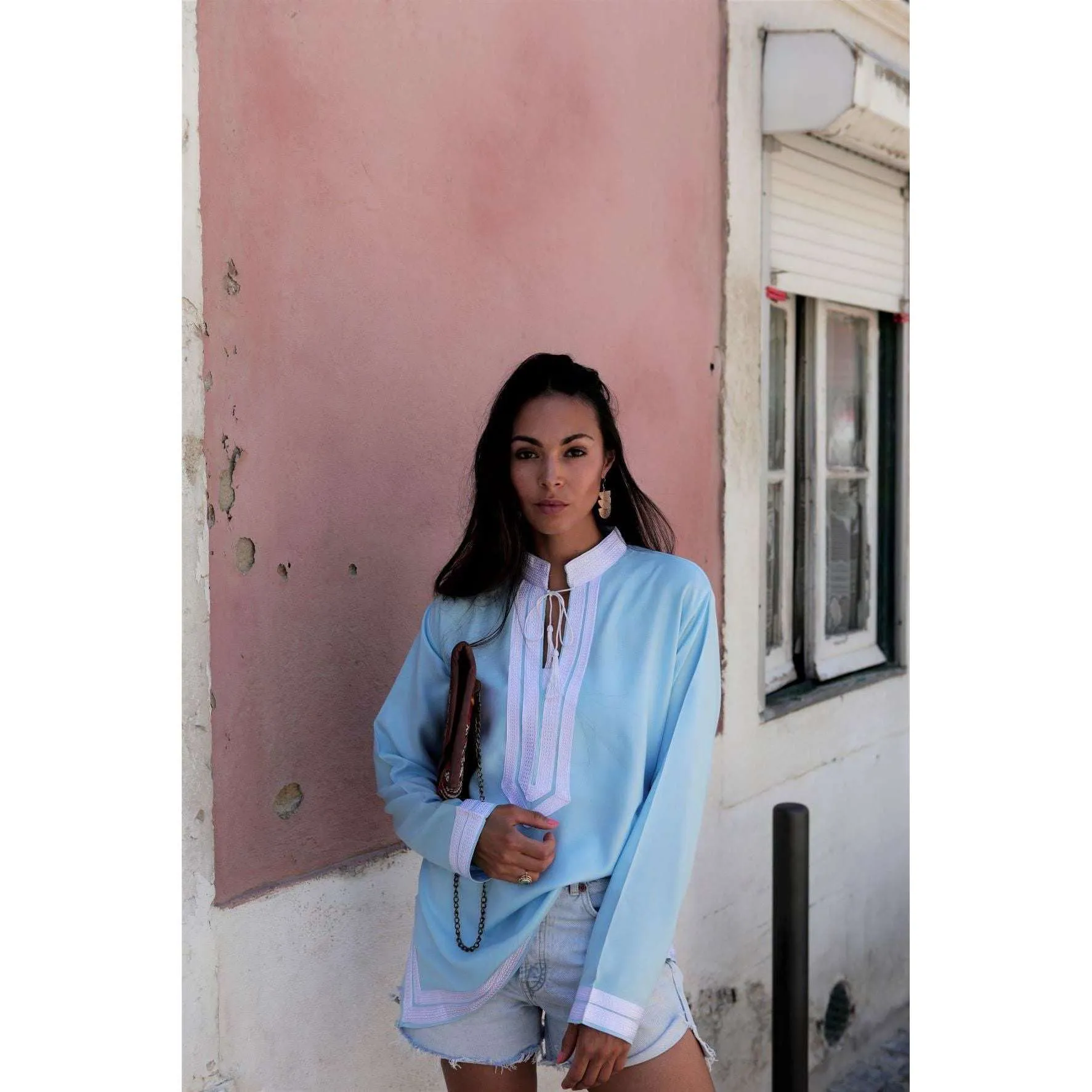 Light Blue Mariam Moroccan Tunic Shirt- Resortwear, Loungewear, Holidaywear, bohemian style tunic