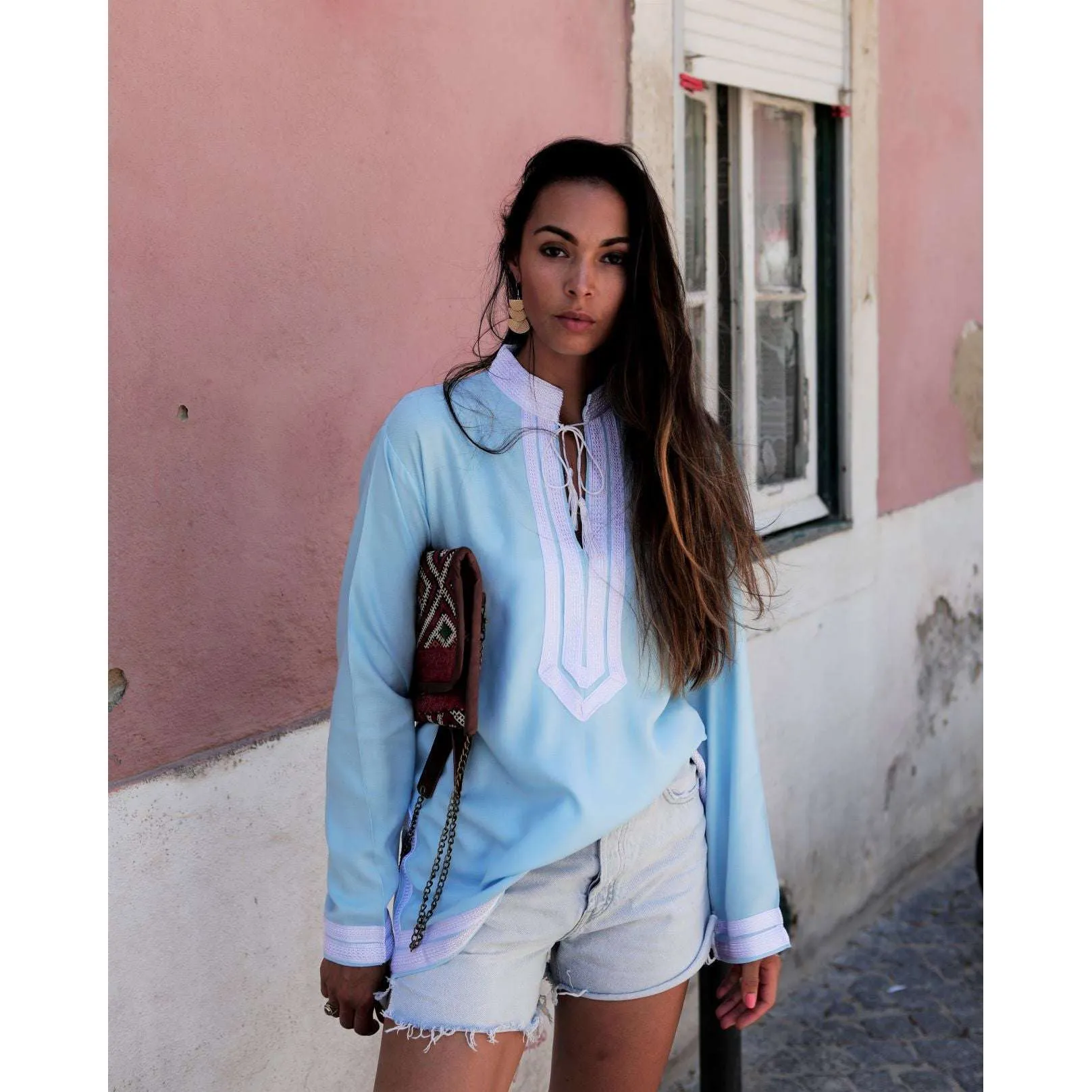 Light Blue Mariam Moroccan Tunic Shirt- Resortwear, Loungewear, Holidaywear, bohemian style tunic