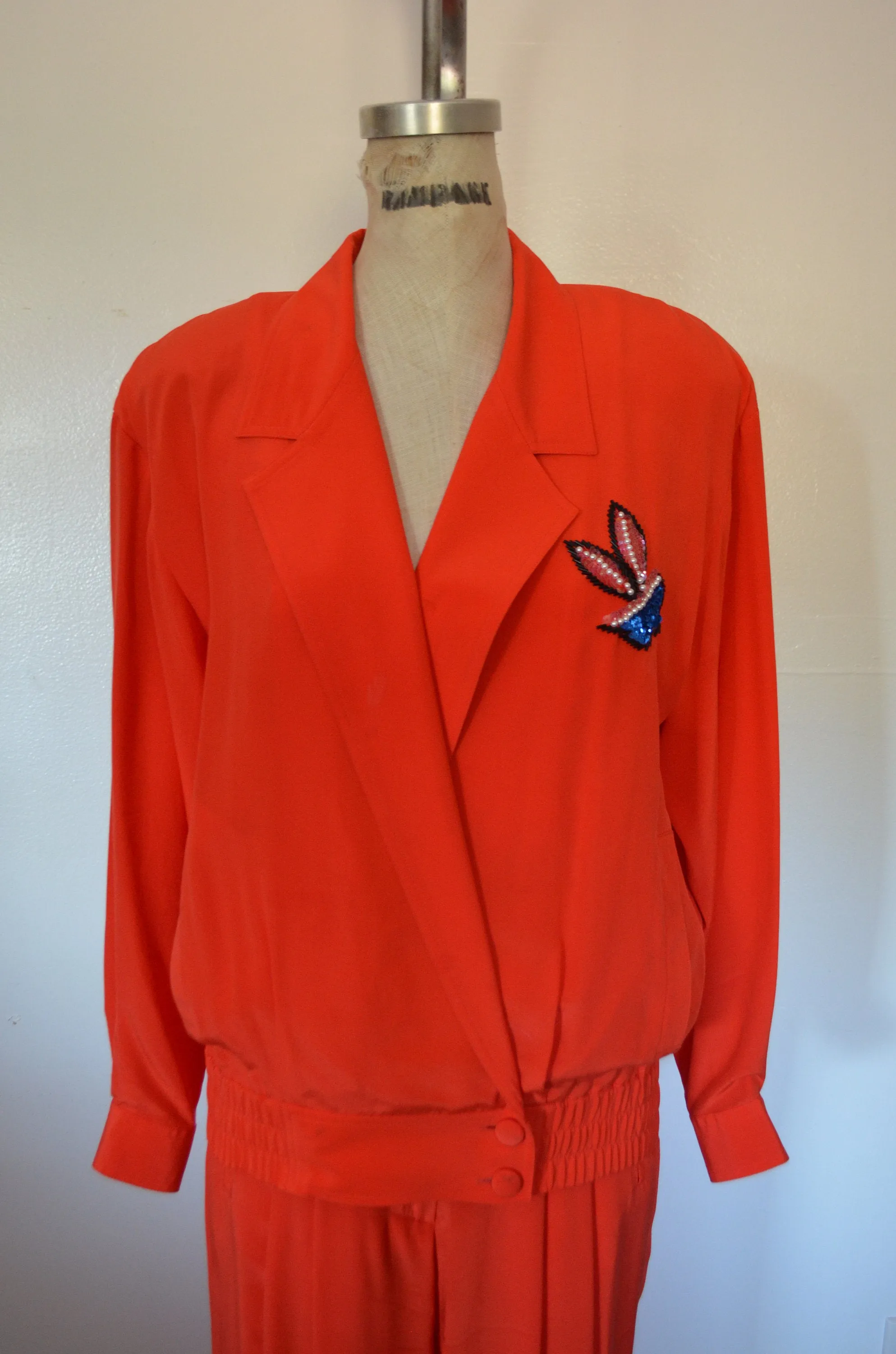 Lillie Rubin Silk Sequins Orange 2Pcs Pants Suit Bold Bomberjacket Set Wide Leg High Waist