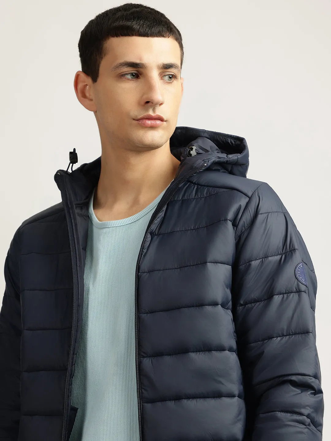 Lindbergh Men Navy Blue Solid Hooded Full Sleeves Puffer Jacket