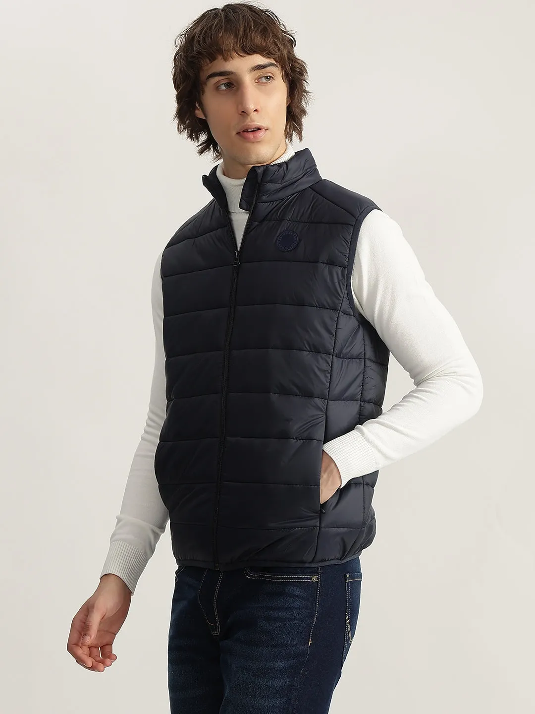 Lindbergh Men Navy Blue Solid Stand Collar Sleeveless Puffer Jacket