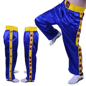 MAR-087C | Blue & Yellow Kickboxing Trousers w/ Embroidered Writing