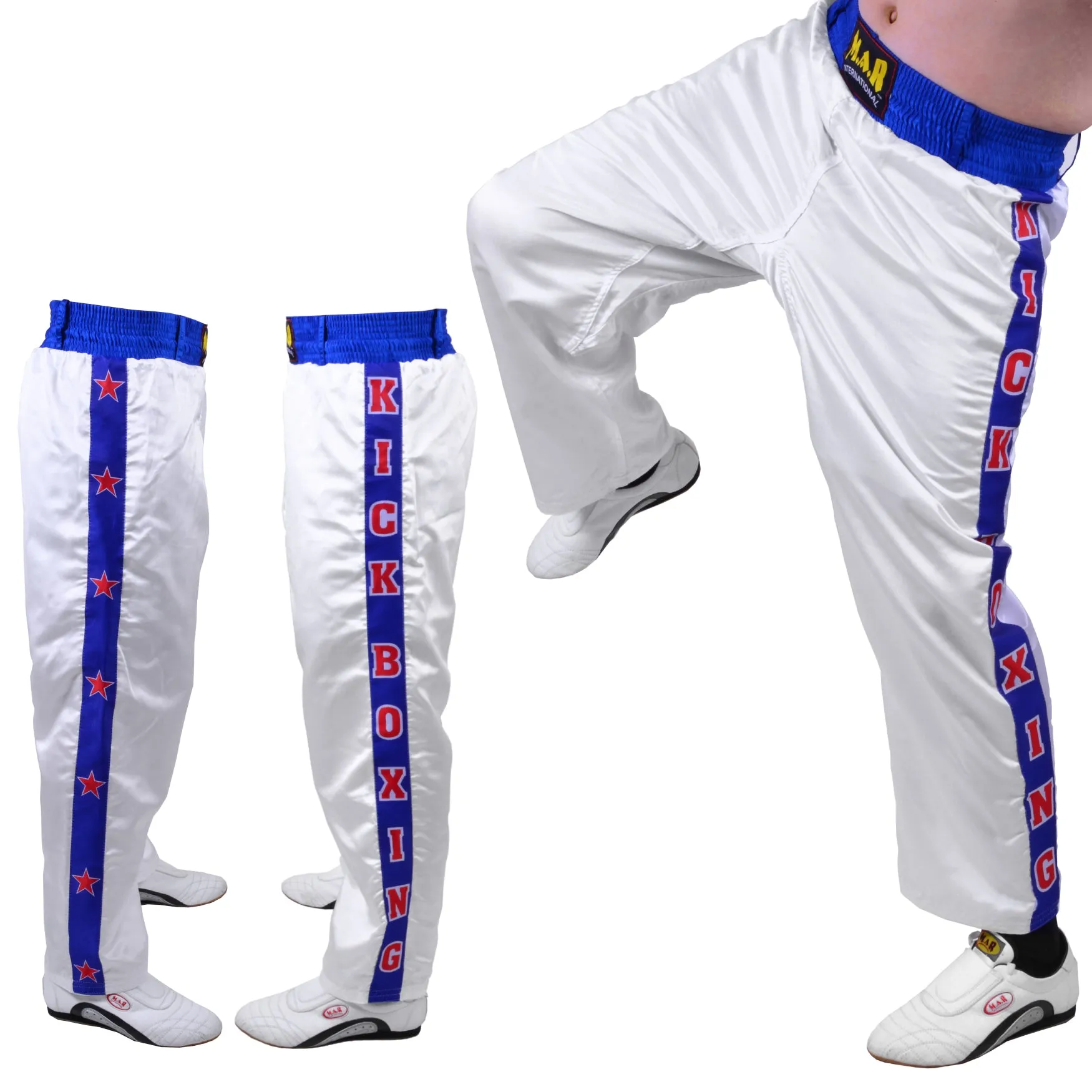 MAR-087D | White & Blue Kickboxing Trousers w/ Embroidered Writing