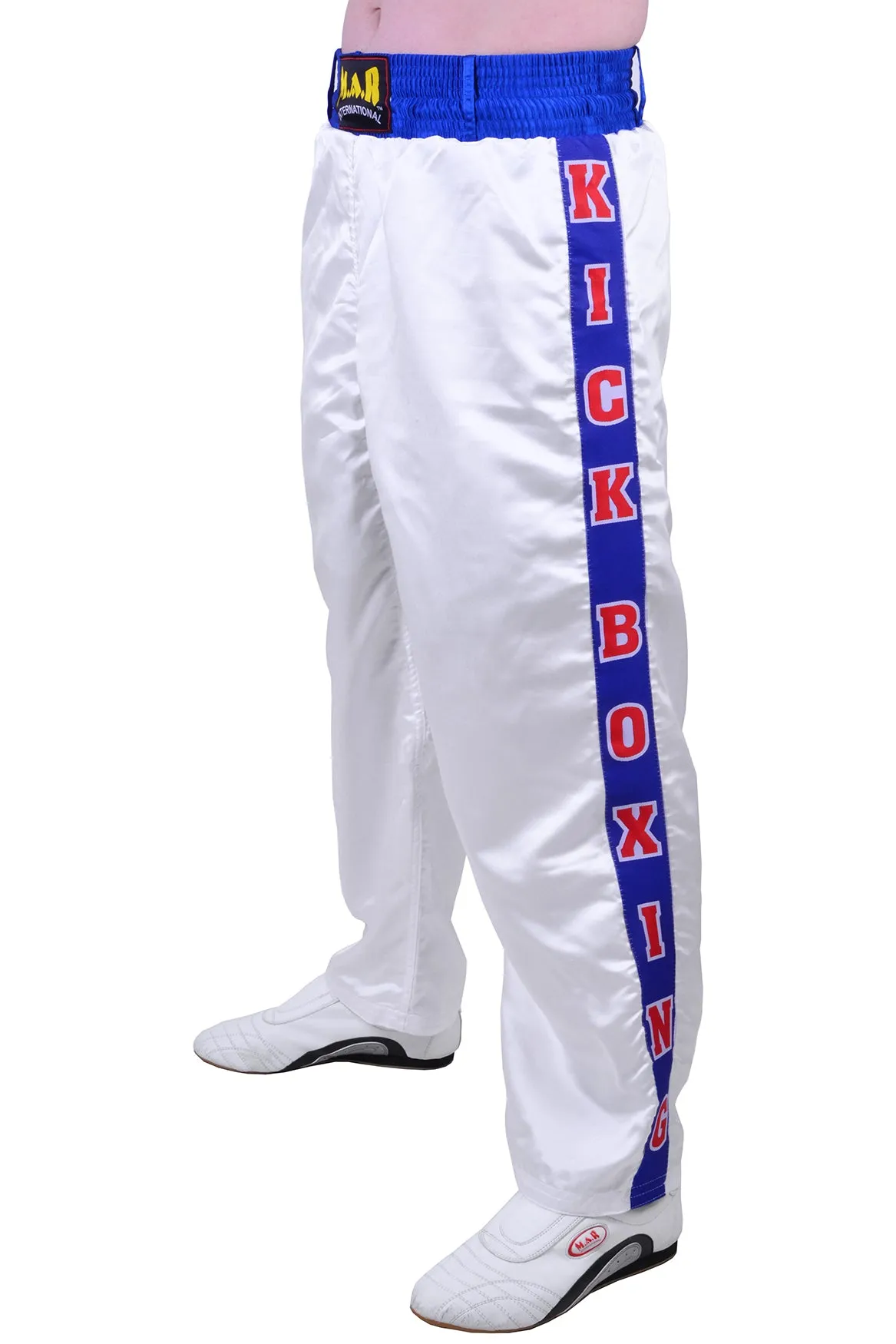 MAR-087D | White & Blue Kickboxing Trousers w/ Embroidered Writing