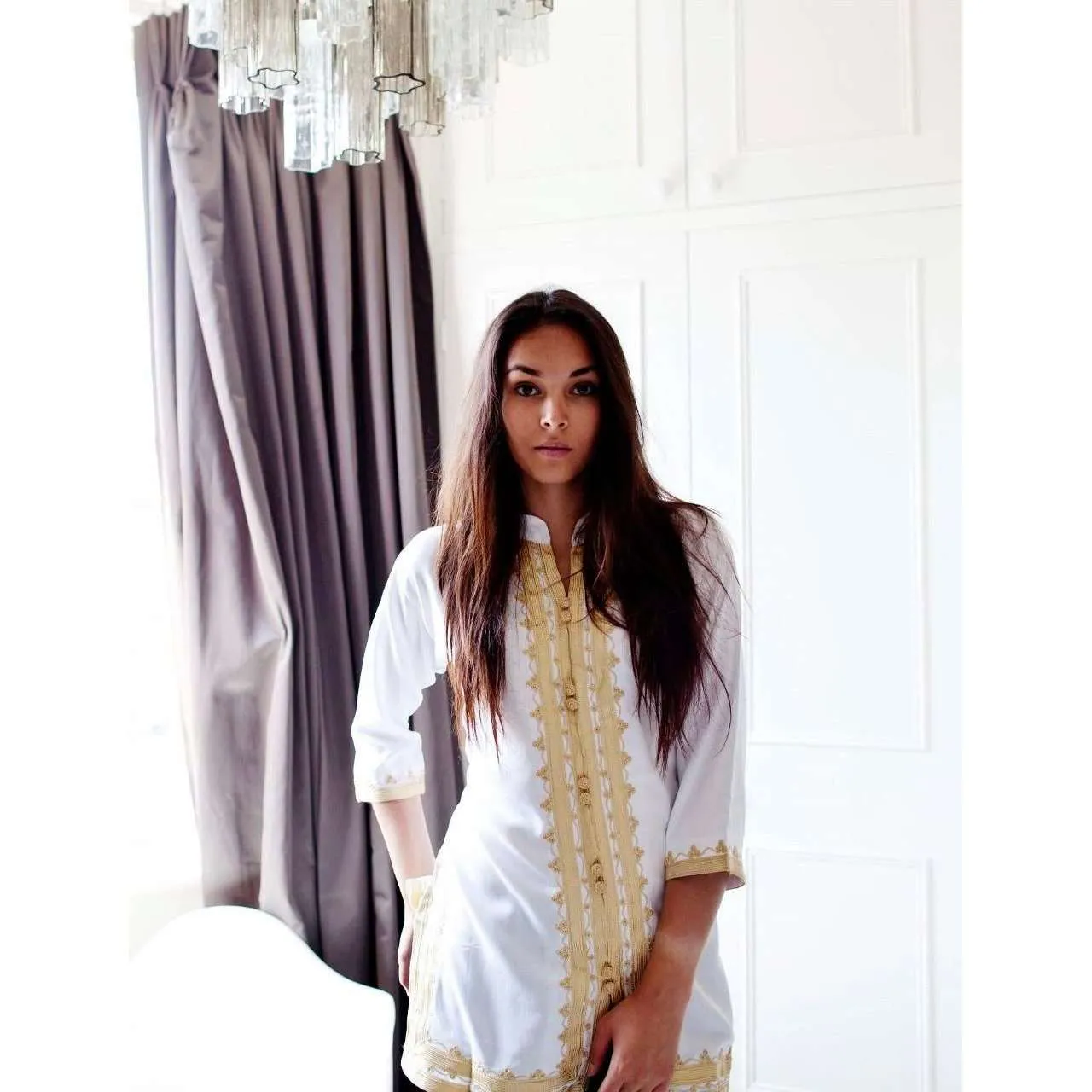 Marrakech White Gold Embroidery Tunic-Moroccan Tunic