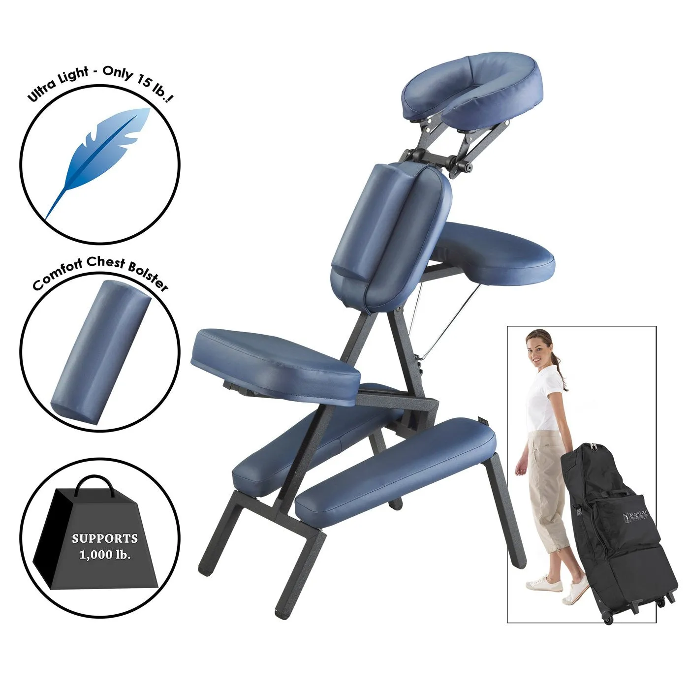 Master Massage PROFESSIONAL Portable Massage Chair Package with Wheeled Case, Royal Blue