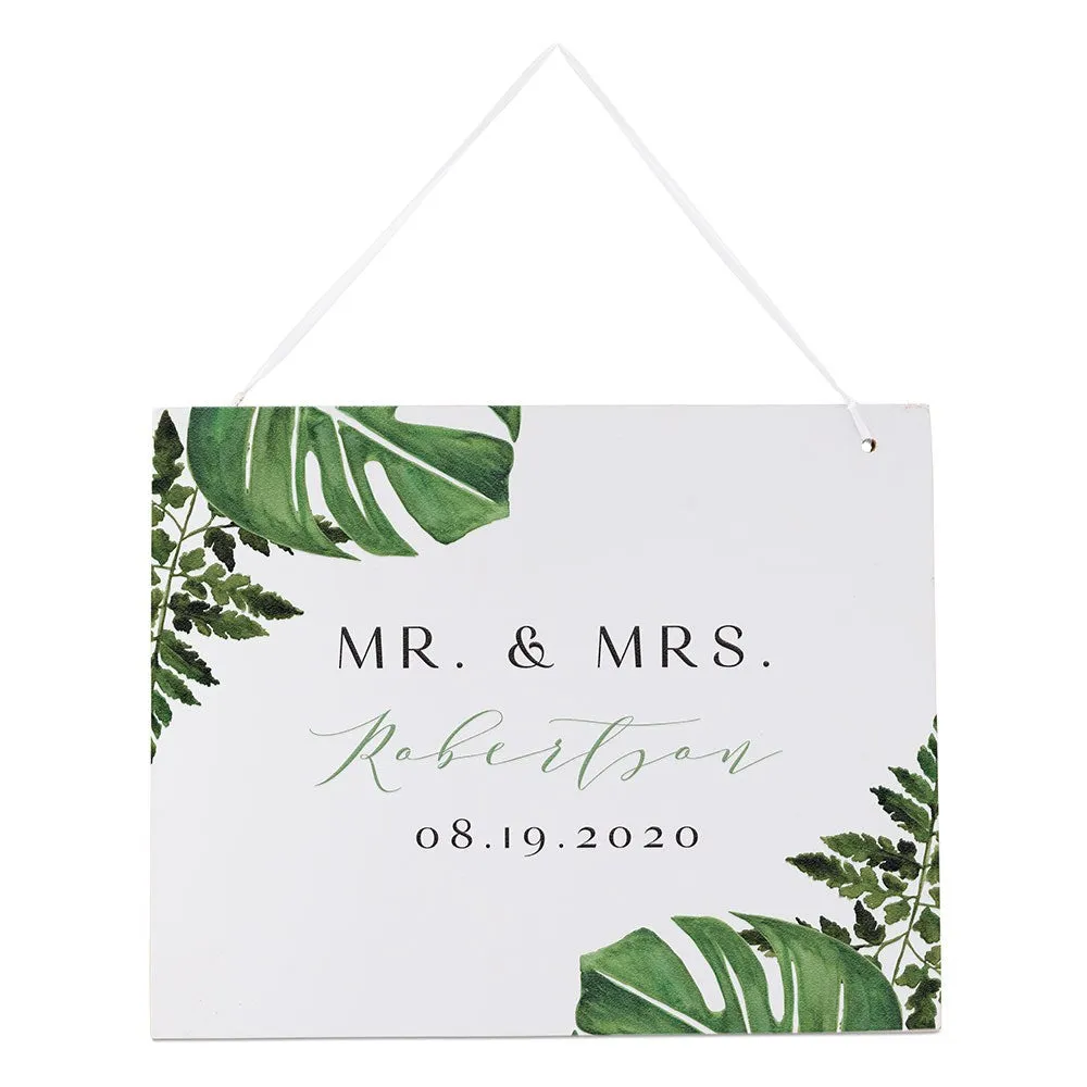 MEDIUM PERSONALIZED WOODEN WEDDING SIGN - SEMI-OPEN MESSAGE WHITE GREENERY