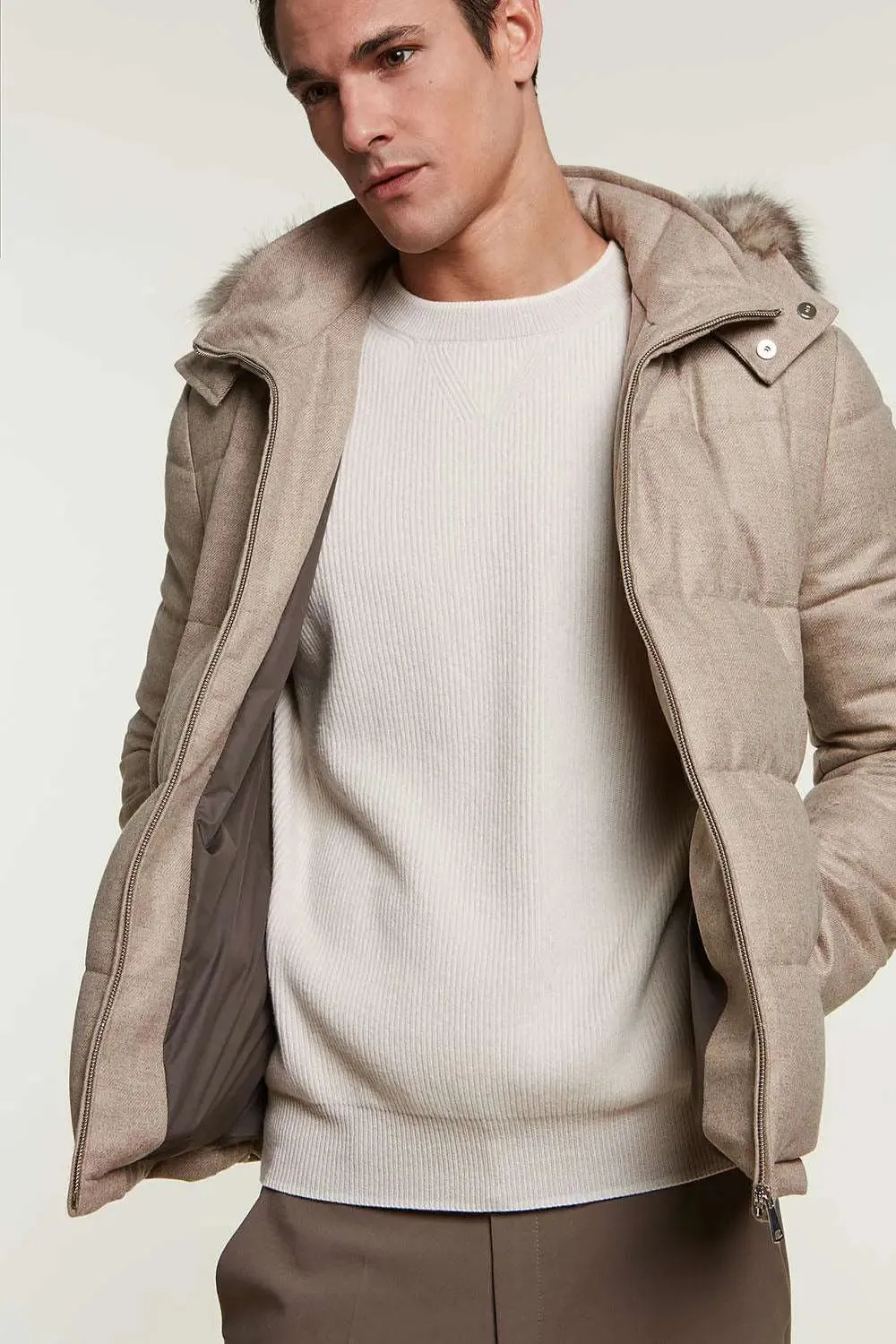 Mens down jacket with fur hood