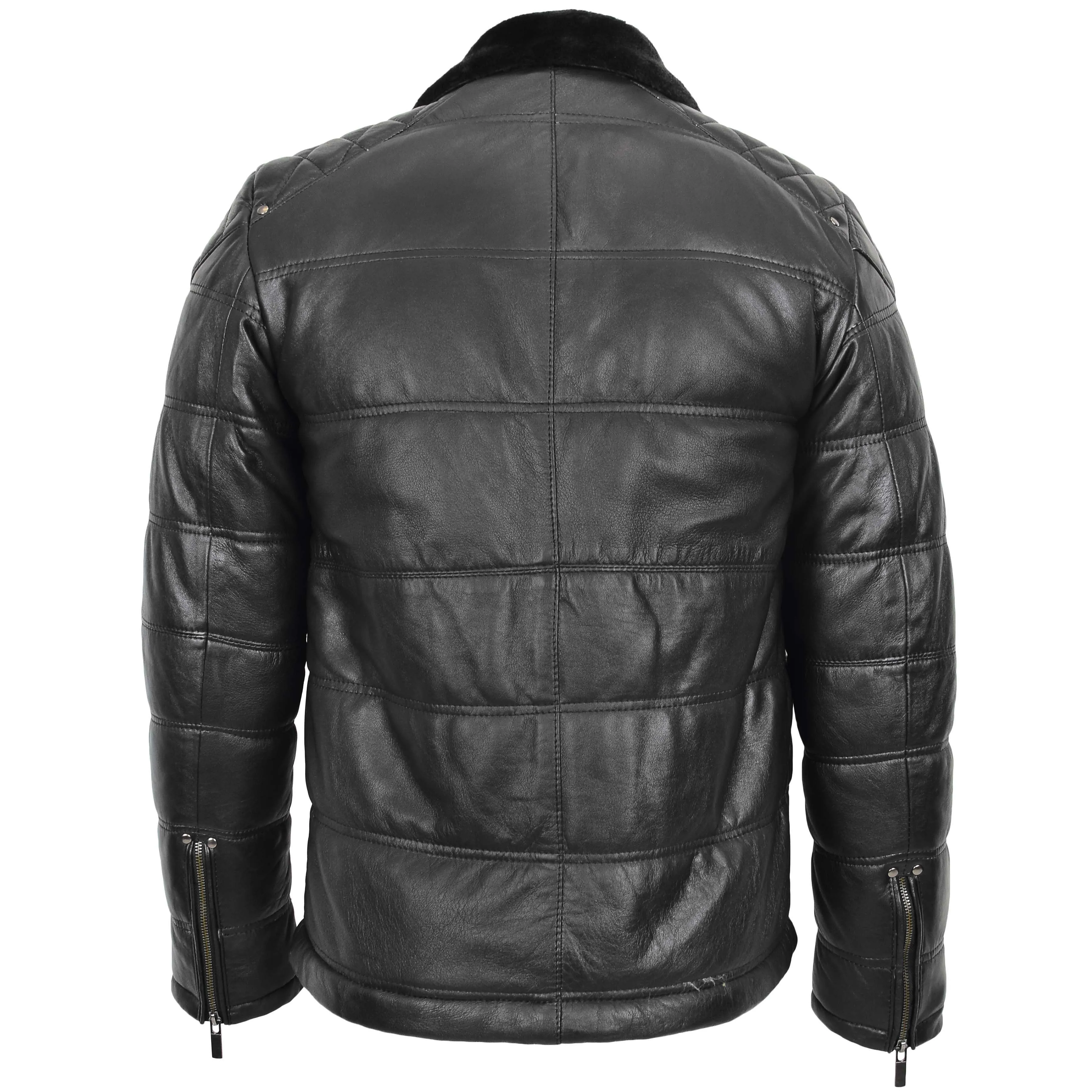 Mens Leather Biker Style Puffer Jacket Ronnie Black