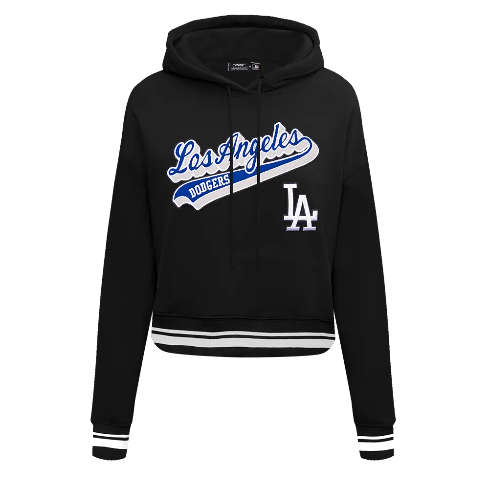 MLB LOS ANGELES DODGERS SCRIPT TAIL WOMEN'S RIB FLC CROPPED PO HOODIE (BLACK/DODGER BLUE)