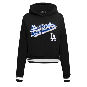 MLB LOS ANGELES DODGERS SCRIPT TAIL WOMEN'S RIB FLC CROPPED PO HOODIE (BLACK/DODGER BLUE)