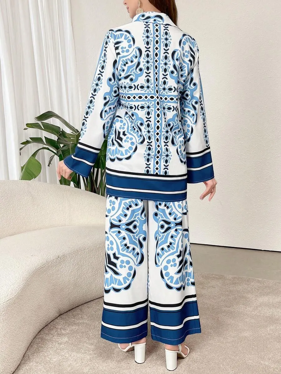 Mulvari Women's Print Long Sleeve Shirt and Pants Sets