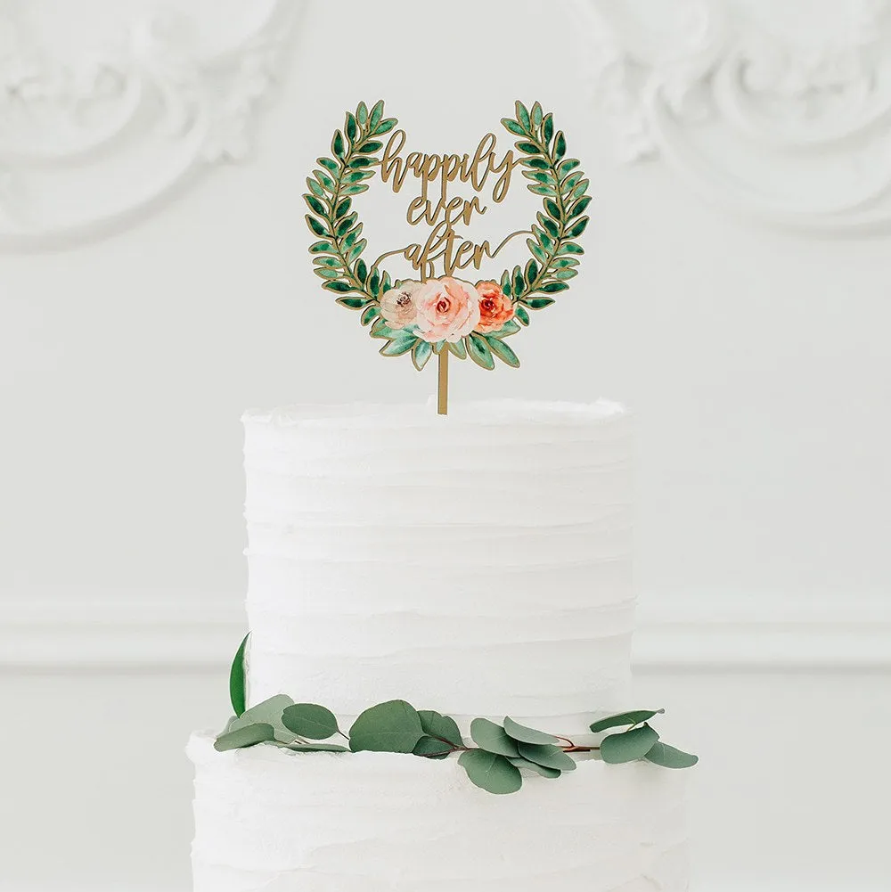 NATURAL WOOD FULL COLOUR CAKE TOPPER - FLORAL HAPPILY EVER AFTER