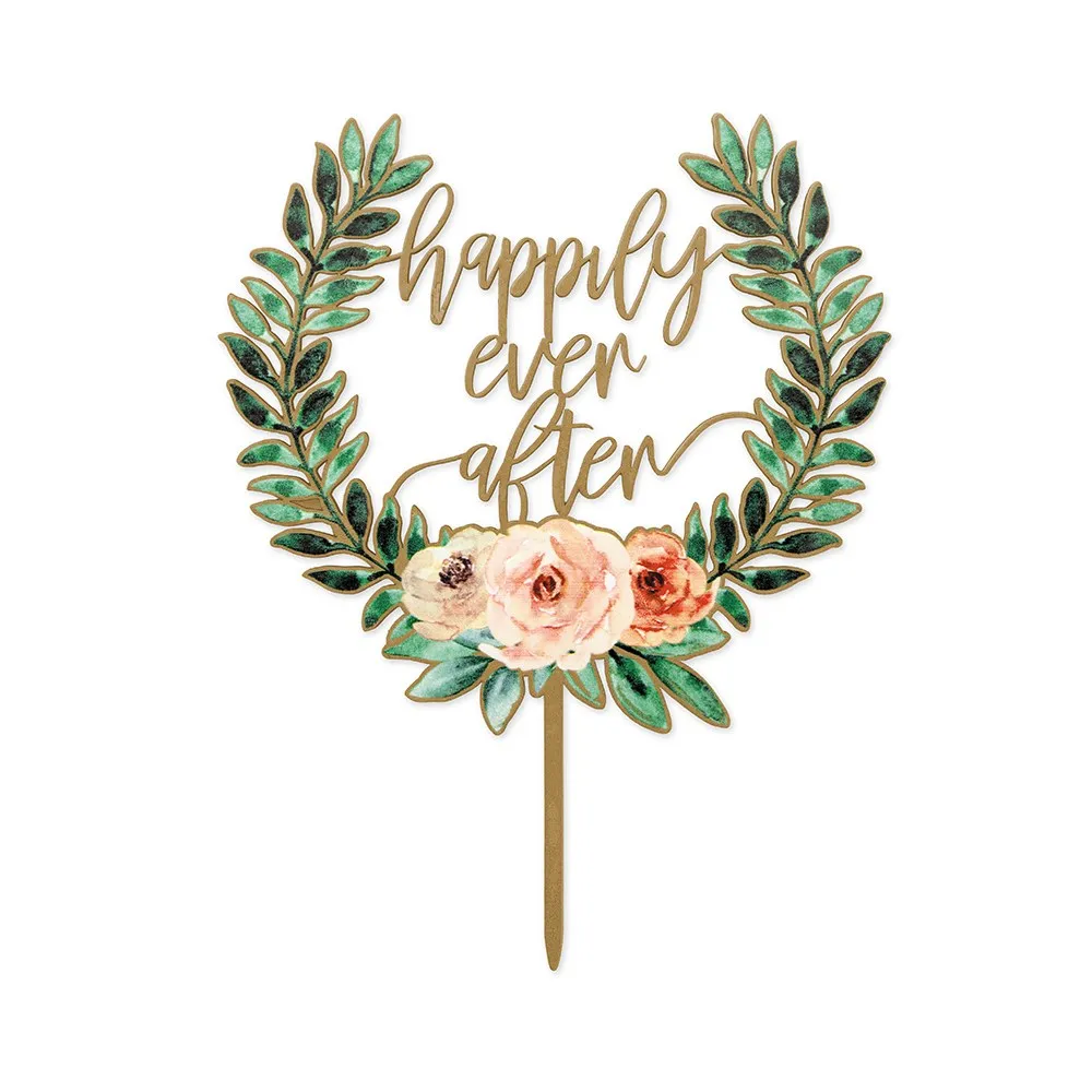 NATURAL WOOD FULL COLOUR CAKE TOPPER - FLORAL HAPPILY EVER AFTER