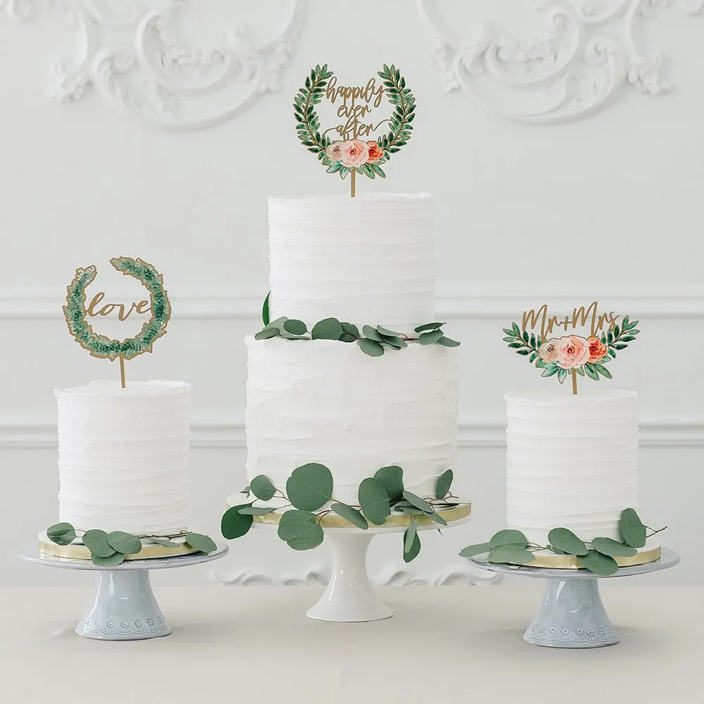 NATURAL WOOD FULL COLOUR CAKE TOPPER - FLORAL HAPPILY EVER AFTER