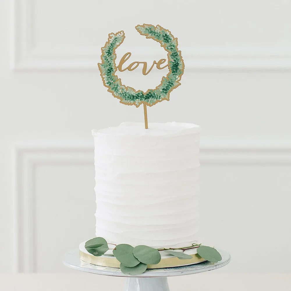 NATURAL WOOD FULL COLOUR CAKE TOPPER - LOVE WREATH