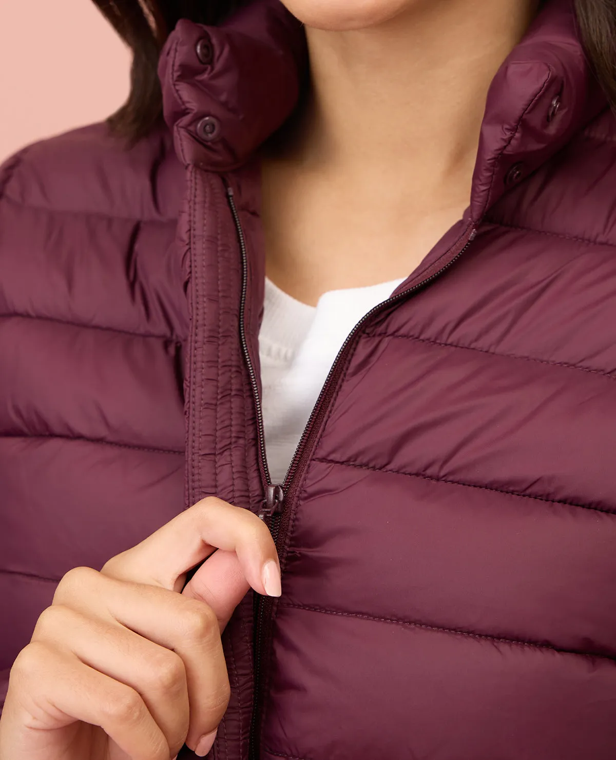 NYKD By Nykaa Ultra Light Weight Puffer Jacket with Inbuilt Bag (Set of 2)-NYAT405-Wine