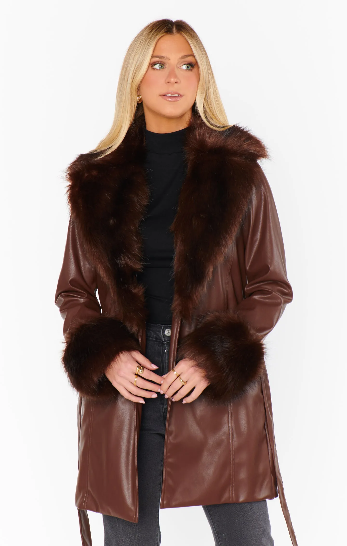 Penny Lane Coat ~ Cocoa Faux Leather with Faux Fur