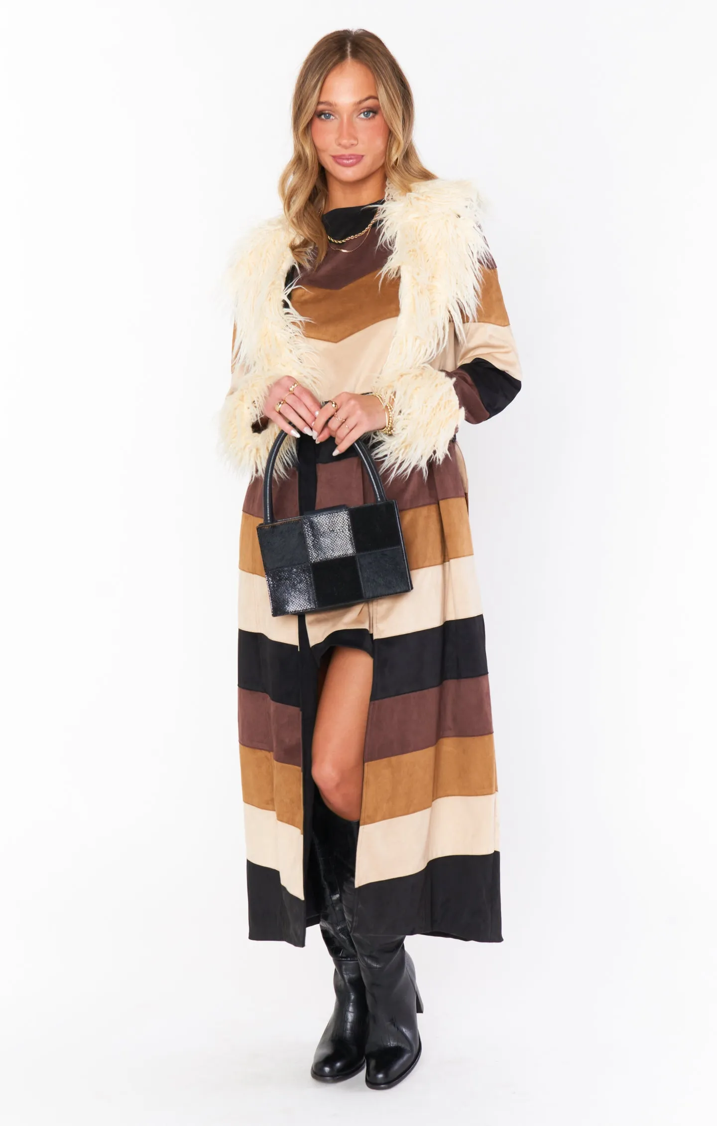 Penny Lane Long Coat ~ Faux Suede Chevron with Faux Fur