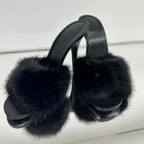 Sexy Black Faux Fur Mules