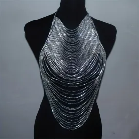 Sexy Silver Rhinestone Multi Strand Draped Bejeweled Body Necklace Jewelry