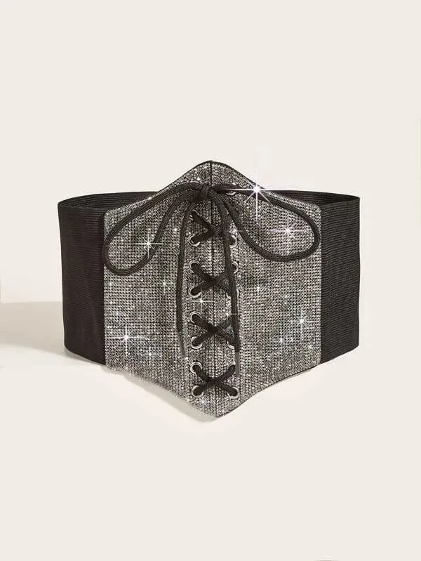 Sexy Victorian Inspired Rhinestone Crystal Diamante Bejeweled Black & Silver Corset Belt