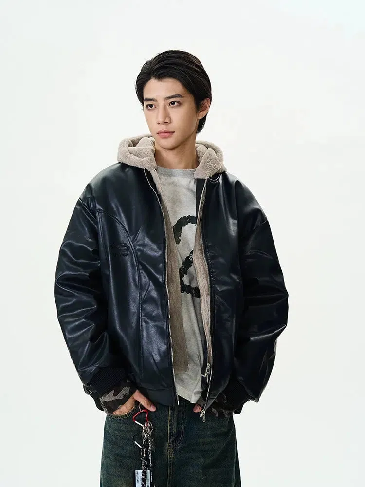 Sherpa Lining Leather Hooded Jacket