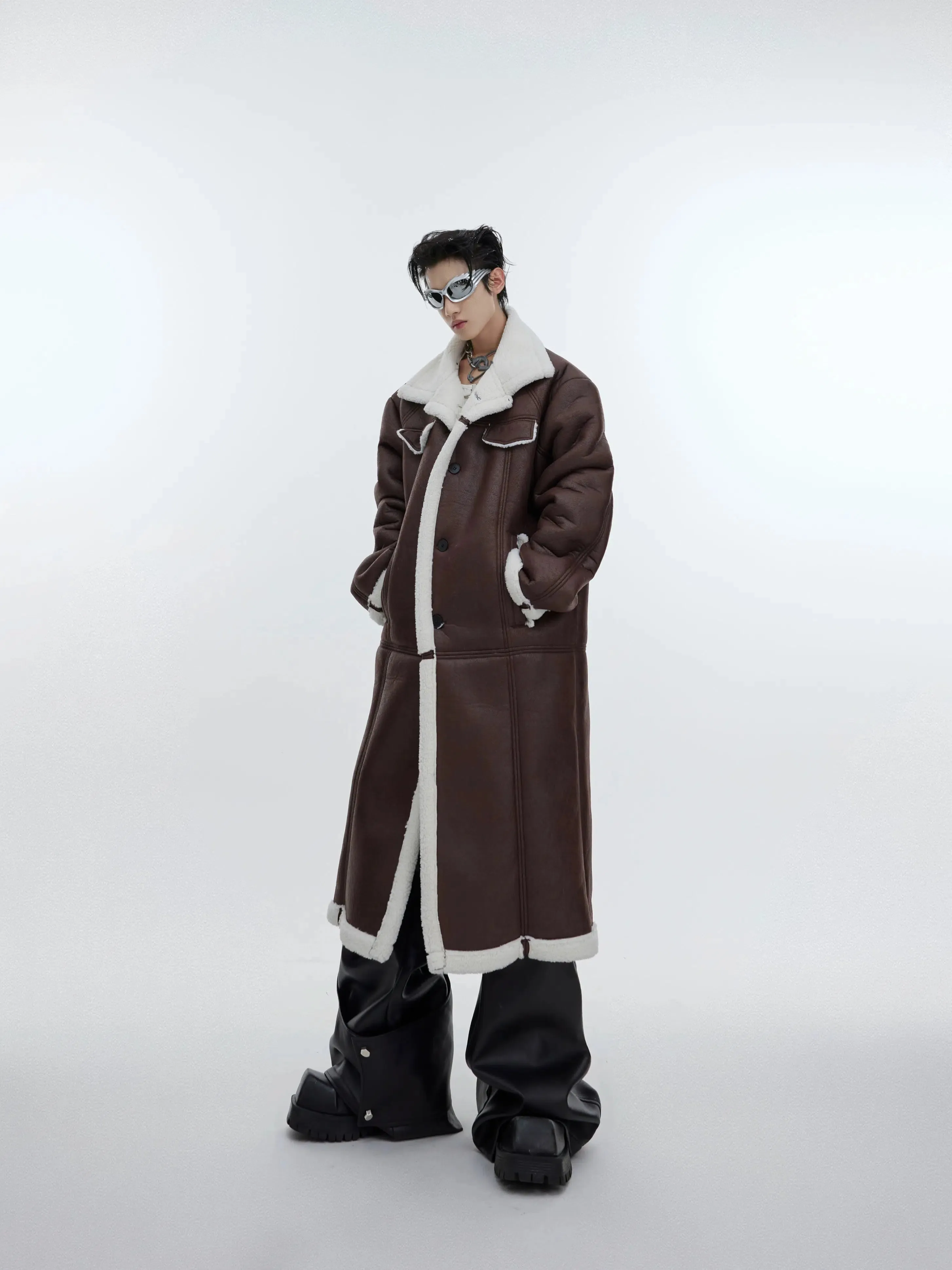 Sherpa PU Leather Long Coat