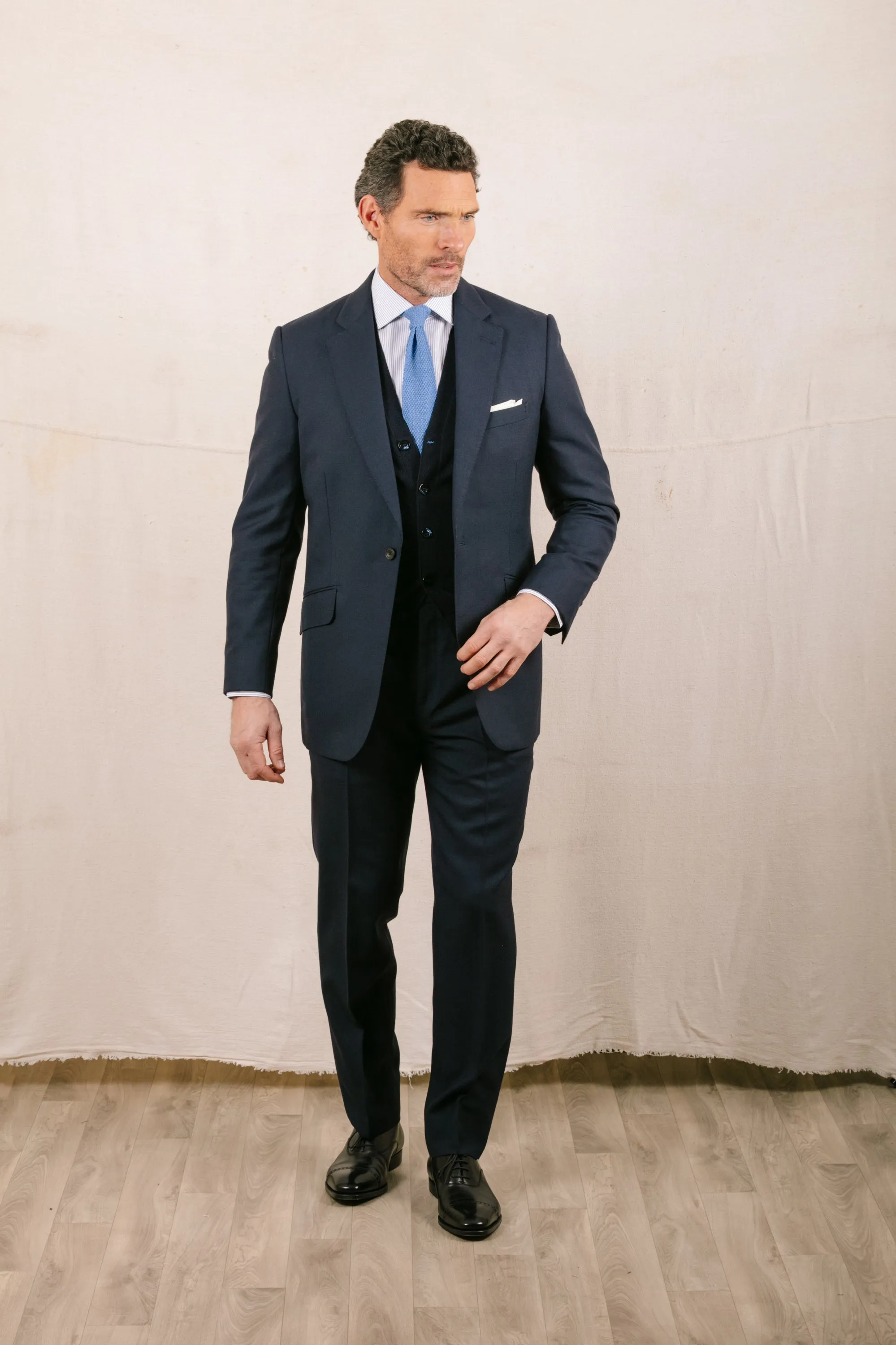 Single Breasted Notch Lapel Suit in Mid Blue Plain Weave