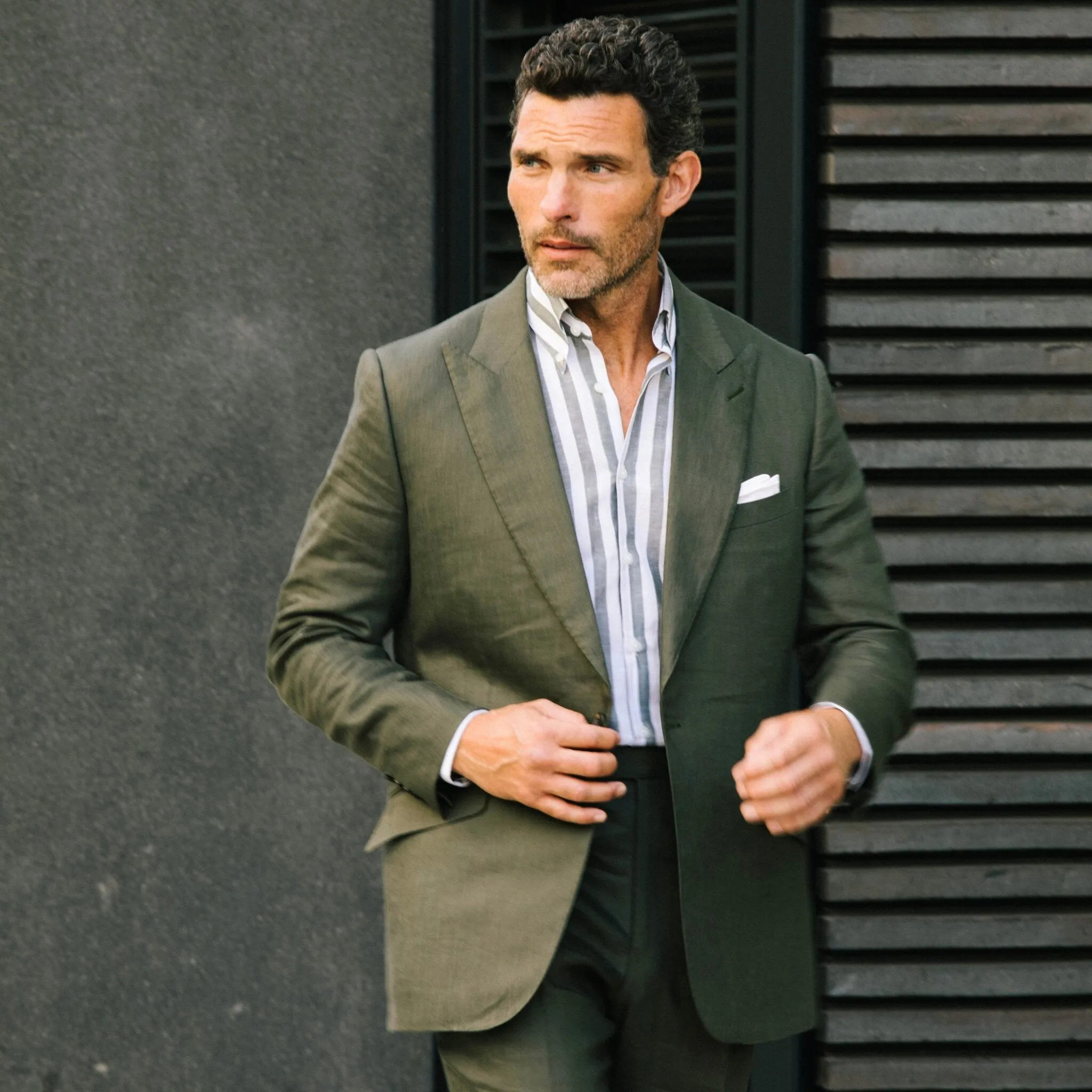 Single Breasted Peak Lapel Suit in Green Wool, Silk and Linen