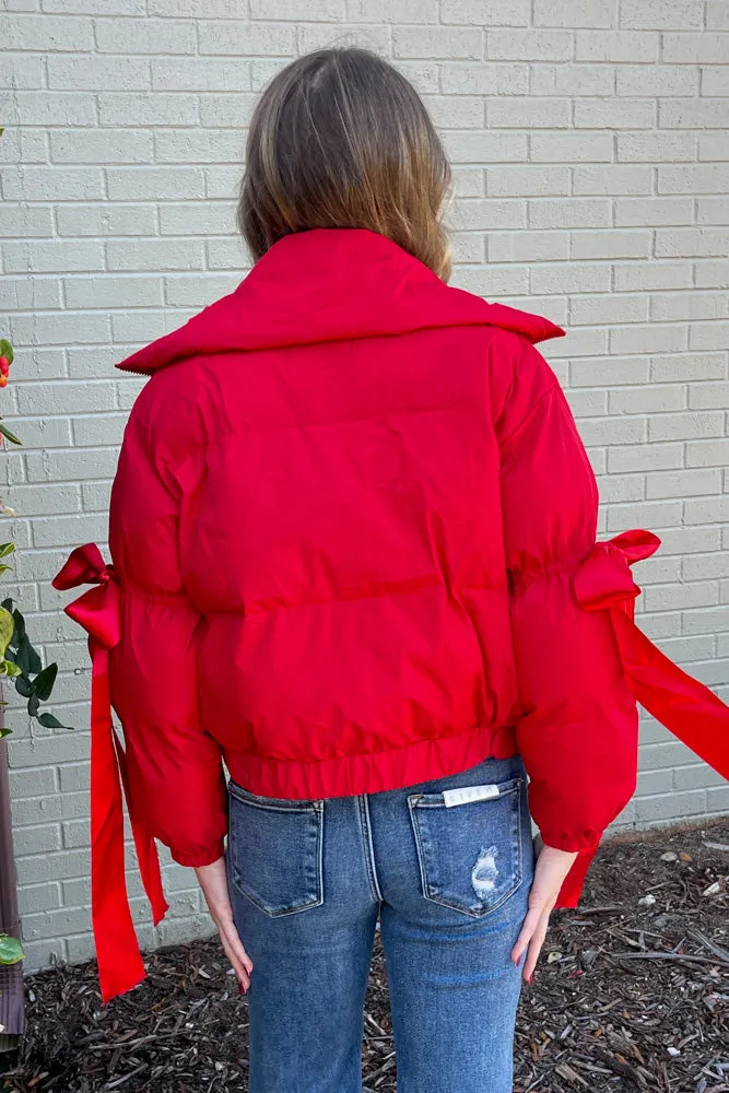 TCEC-Puffer Jacket With Bow Detail-Red