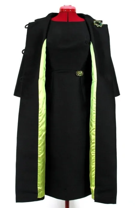 Vintage Chartreuse Satin lined Coat with Matching A-Line Dress