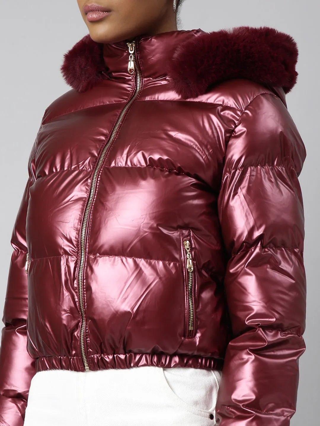 Women Solid Maroon Puffer Jacket Comes with Detachable Hood