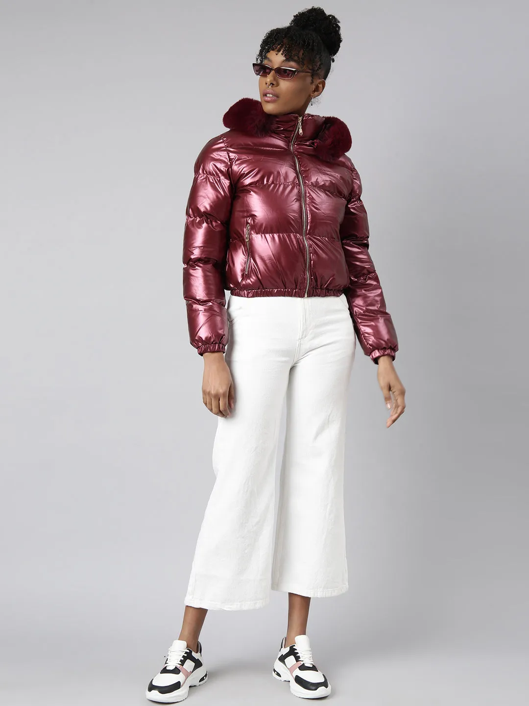 Women Solid Maroon Puffer Jacket Comes with Detachable Hood