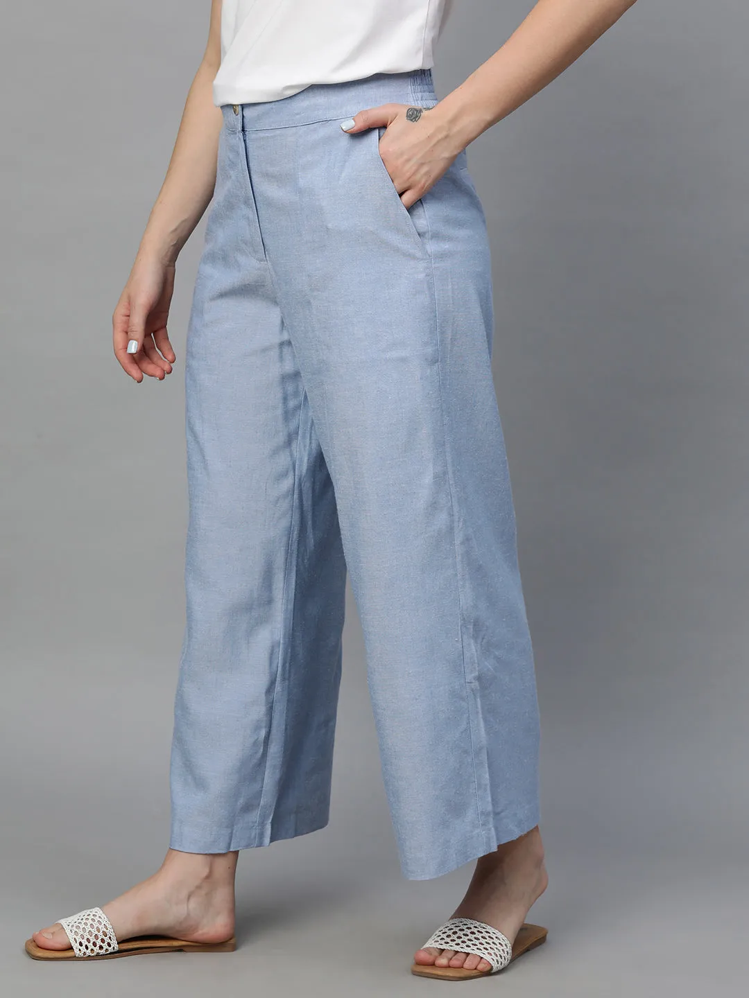 Women's Blue Viscose Linen Regular Fit Culotte