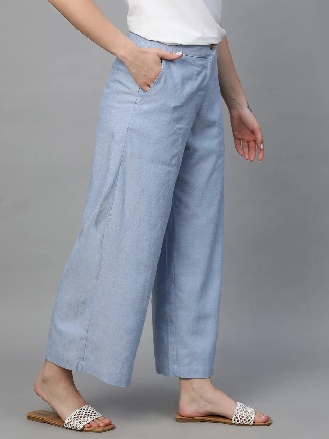 Women's Blue Viscose Linen Regular Fit Culotte