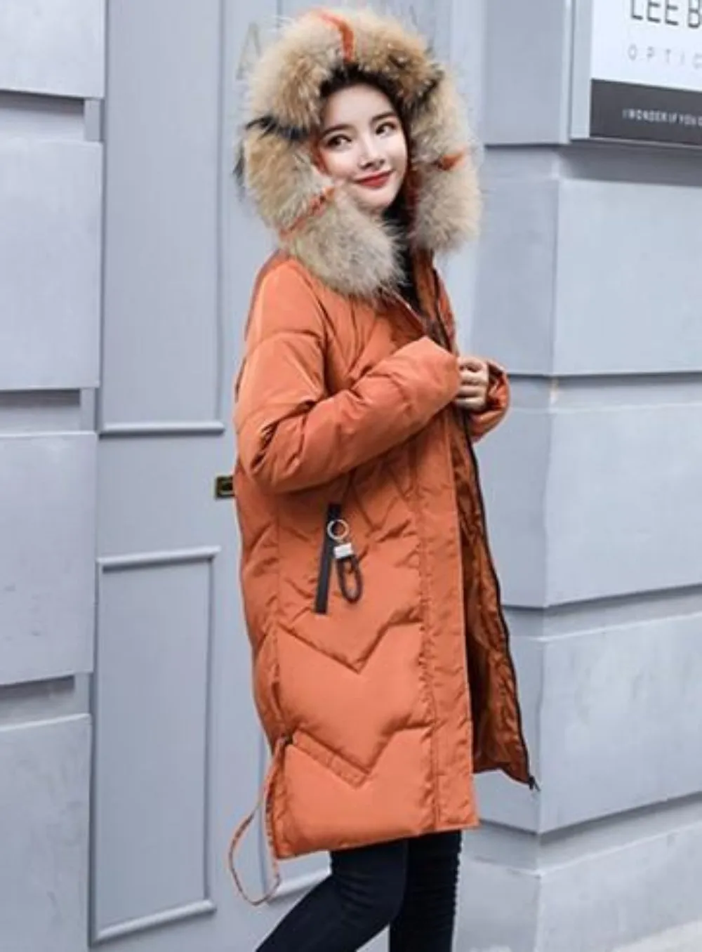 Womens Casual Puffer Coat with Faux Fur Hood in Pink