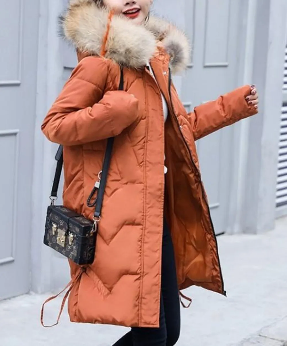 Womens Casual Puffer Coat with Faux Fur Hood in Pink