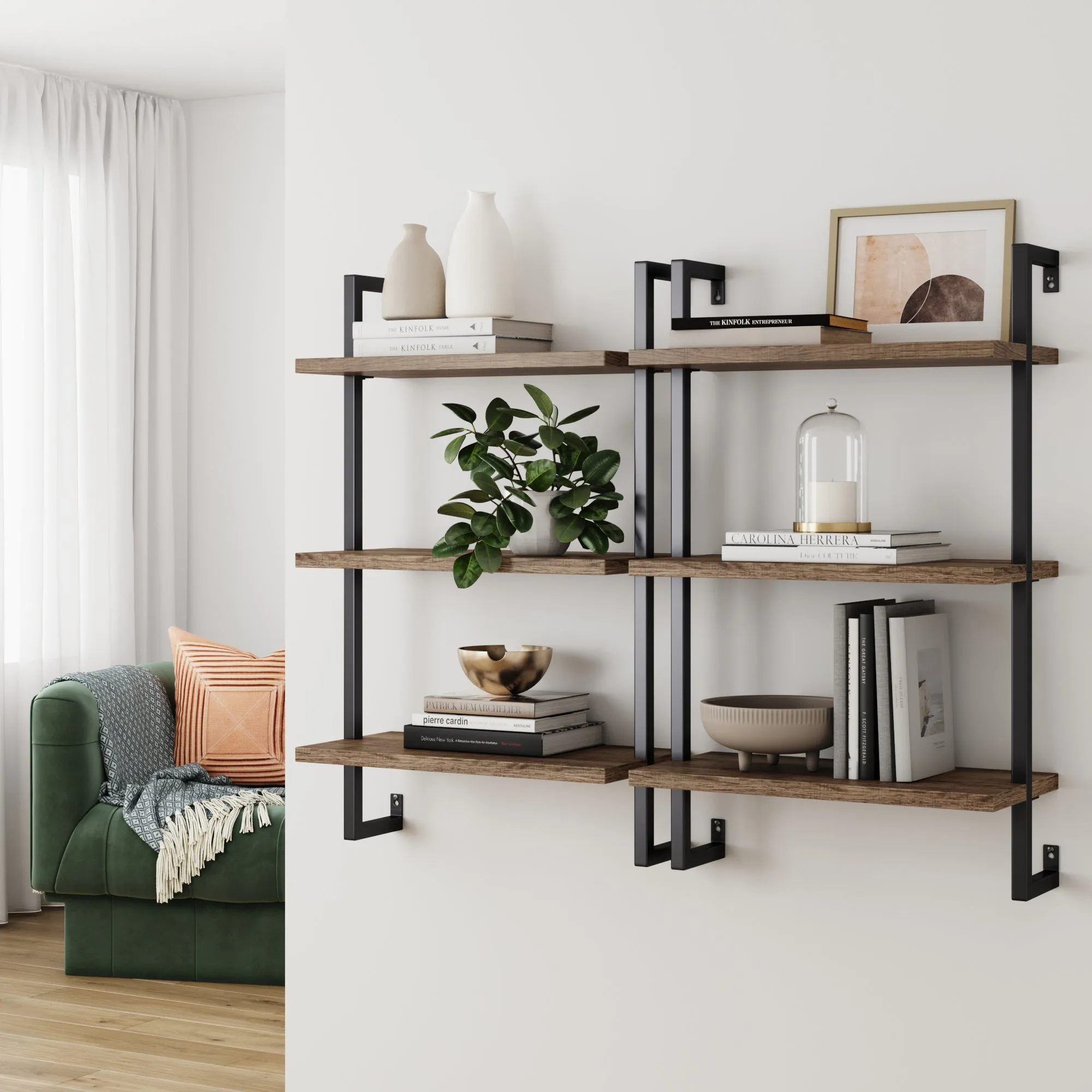 Wood & Metal 3-Shelf Floating Bookshelf Oak