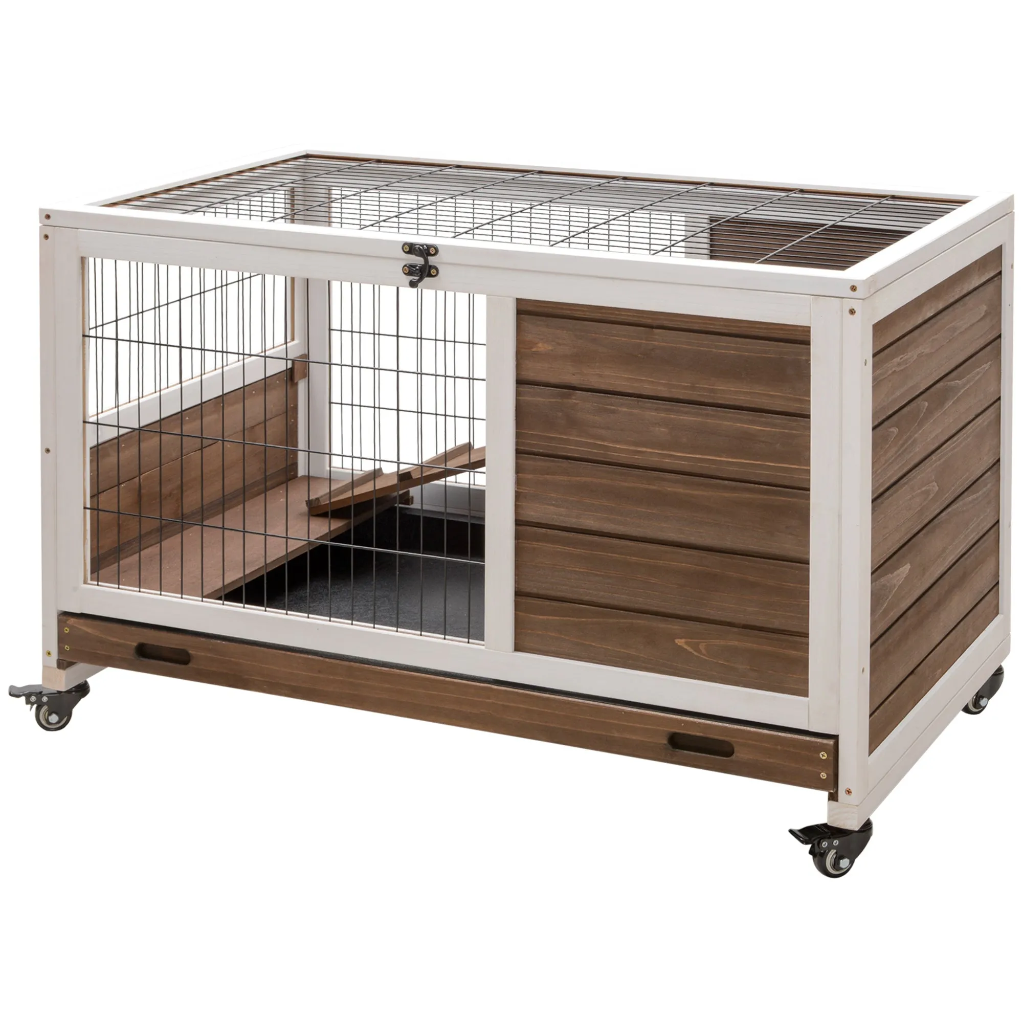 Wooden Indoor Rabbit Hutch w/ Enclosed Run Brown