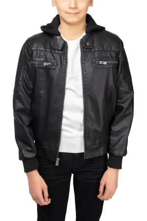 X RAY Boys Motorcycle PU Leather Jacket With Knit Hood