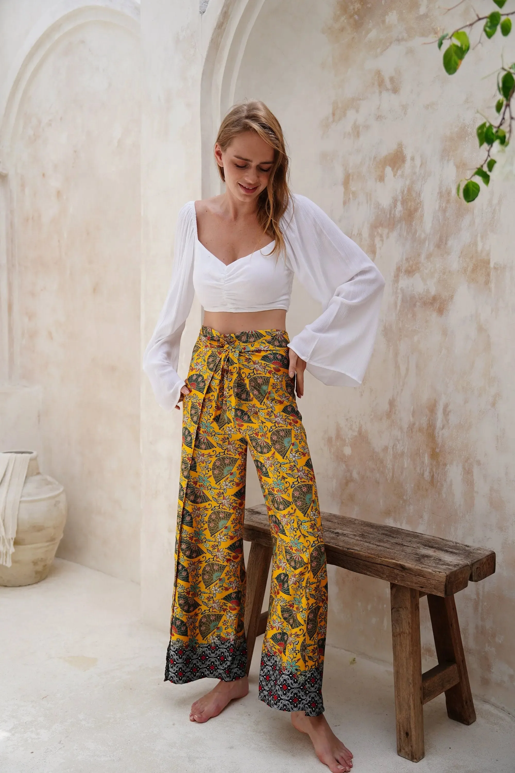 Yellow Satin Wrap Around Trousers